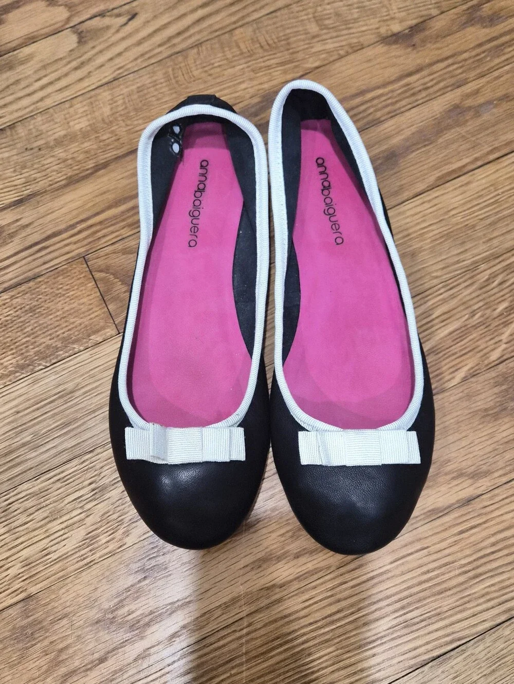 Anna‎ Baiguera Black Soft Leather Ballet Flats White Bow Trim EU 40 Italy